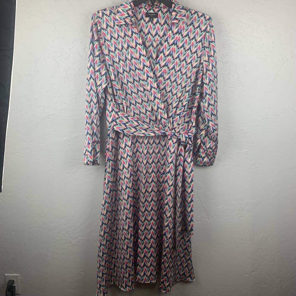 Tahari ASL Dress Womens 16 Multicolor Print Faux Wrap Long Sleeve Belted Midi